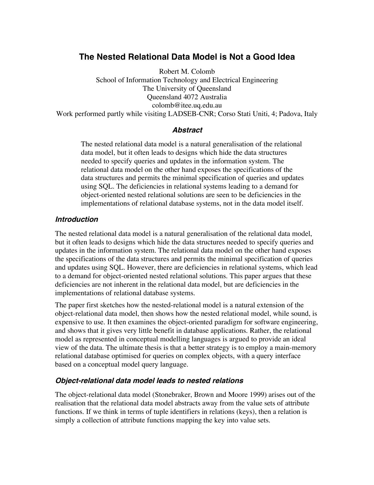 The Nested Relational Data Model is Not a Good Idea 10.1.1.89.2966 by Unknown