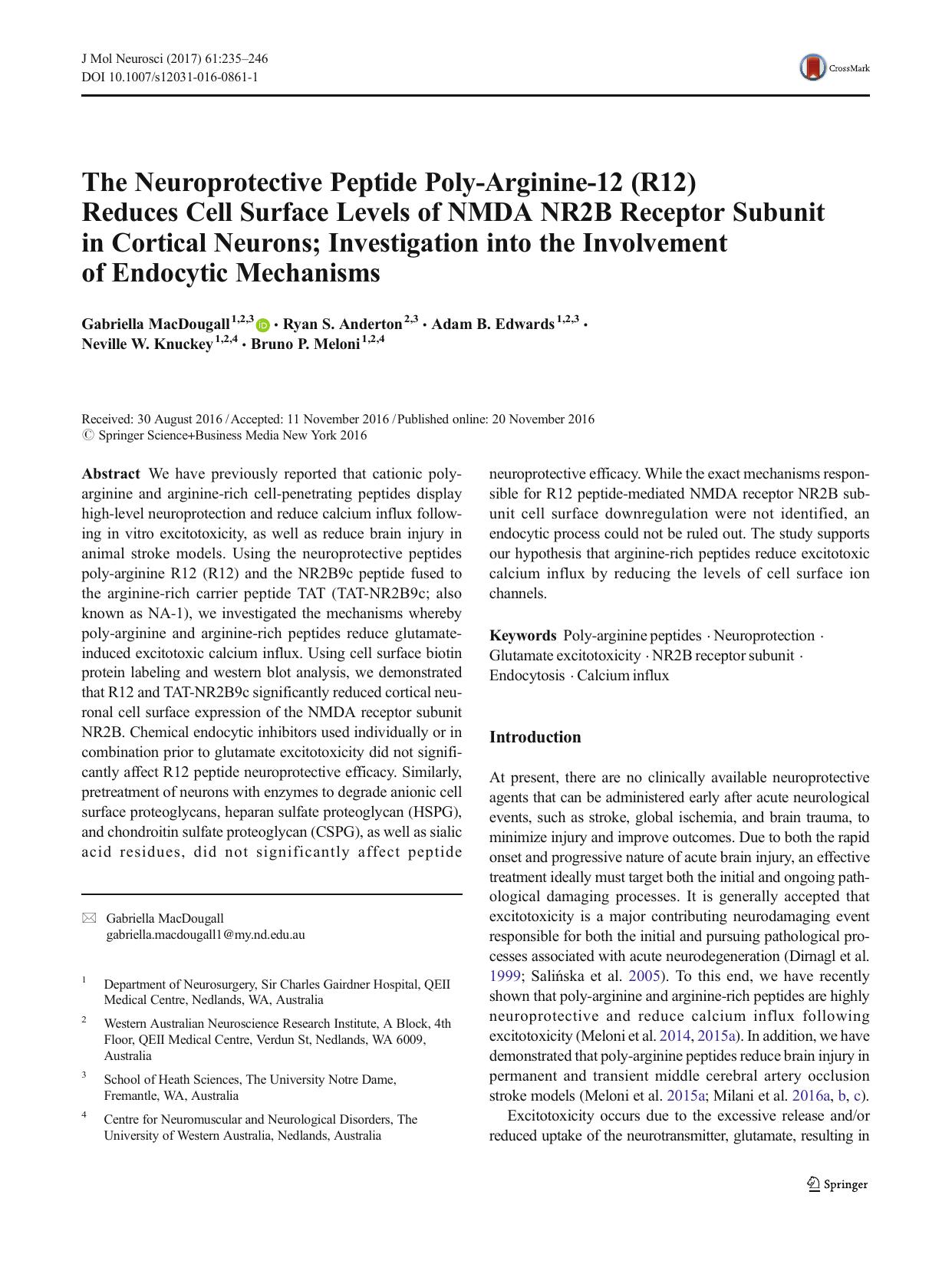 The Neuroprotective Peptide Poly-Arginine-12 (R12) Reduces Cell Surface Levels of NMDA NR2B Receptor Subunit in Cortical Neurons; Investigation into the Involvement of Endocytic Mechanisms by Gabriella MacDougall & Ryan S. Anderton & Adam B. Edwards & Neville W. Knuckey & Bruno P. Meloni