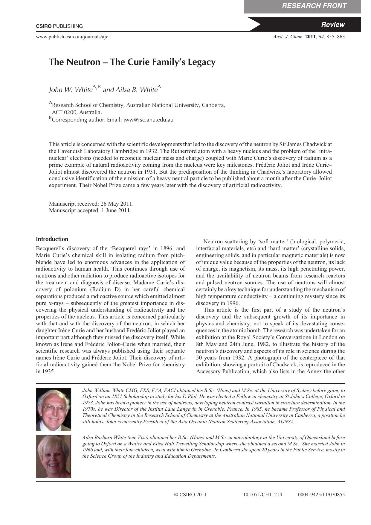 The Neutron - The Curie Family's Legacy by J. W. White and A. B. White