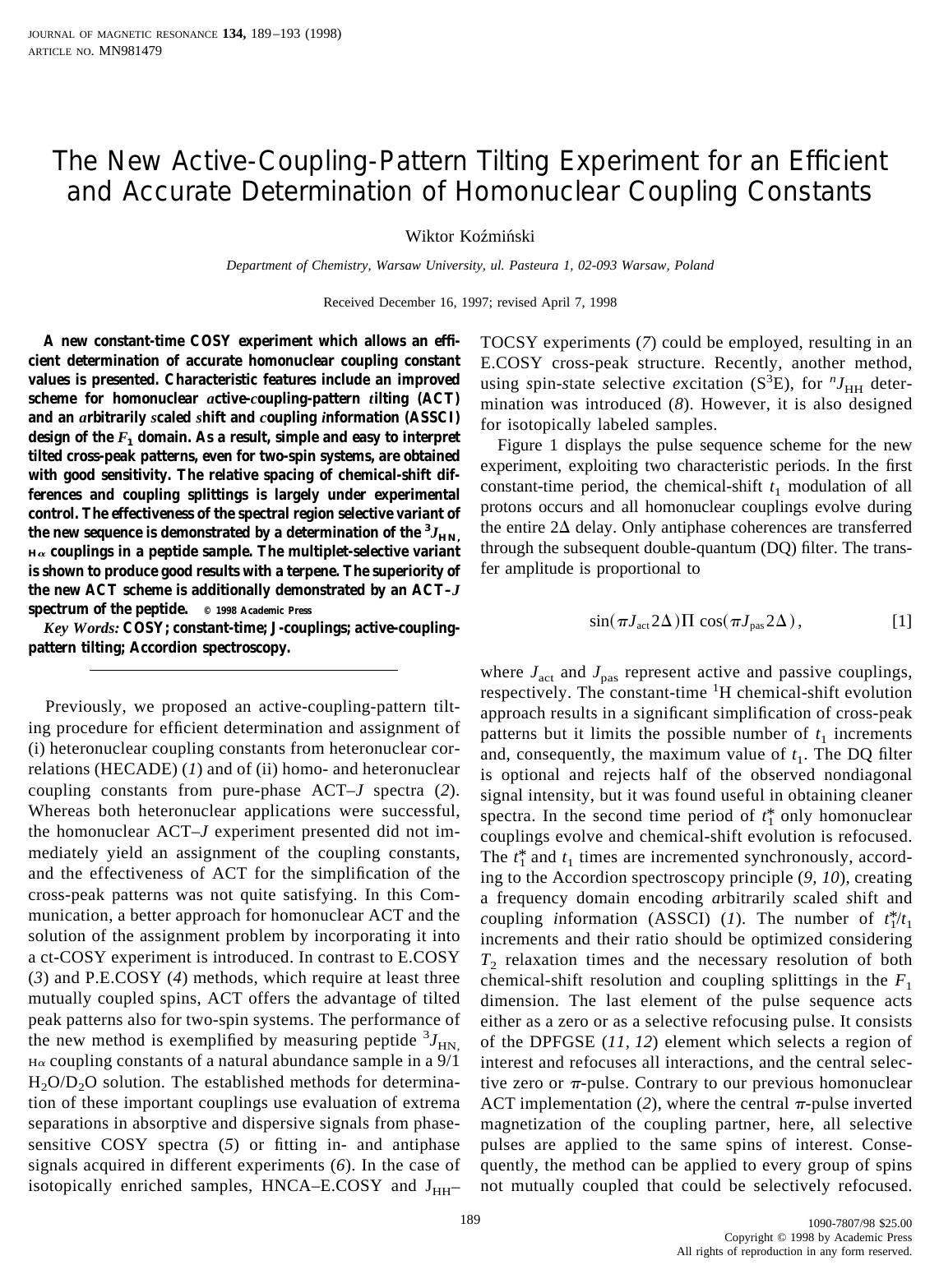 The New Active-Coupling-Pattern Tilting Experiment for an Efficient and Accurate Determination of Homonuclear Coupling Constants by Kozminski W
