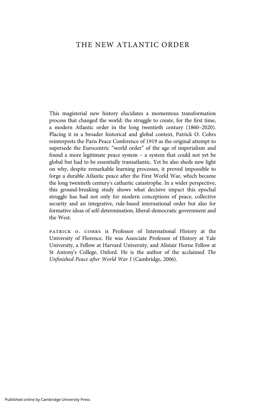 The New Atlantic Order: The Transformation of International Politics, 1860â1933 by Patrick O. Cohrs