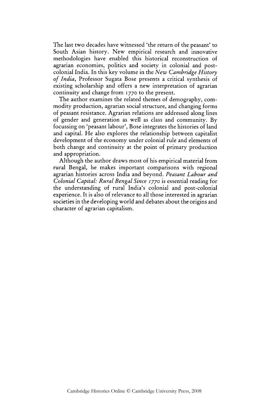 The New Cambridge History of India, Peasant Labour and Colonial Capital~ Rural Bengal since 1770 by Sugata Bose