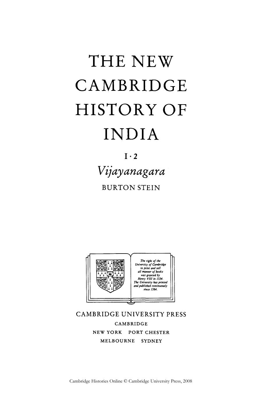 The New Cambridge History of India, Volume 1, Part 2: Vijayanagara by Burton Stein