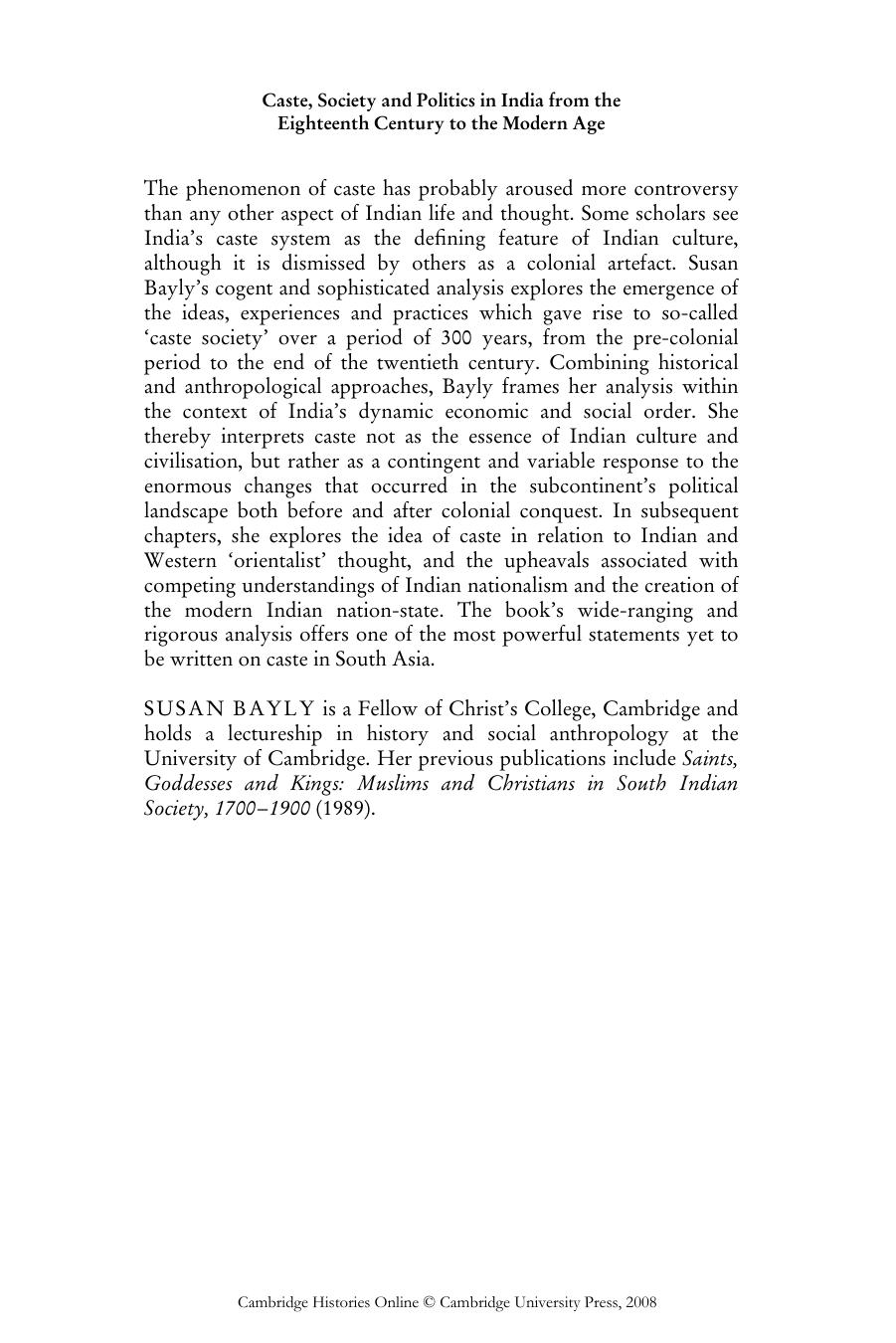 The New Cambridge History of India: Caste, Society and Politics in India from the Eighteenth Century to the Modern Age by Susan Bayly