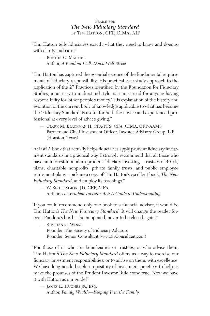 The New Fiduciary Standard: The 27 Prudent Investment Practices for Financial Advisers, Trustees, and Plan Sponsors by Tim Hatton