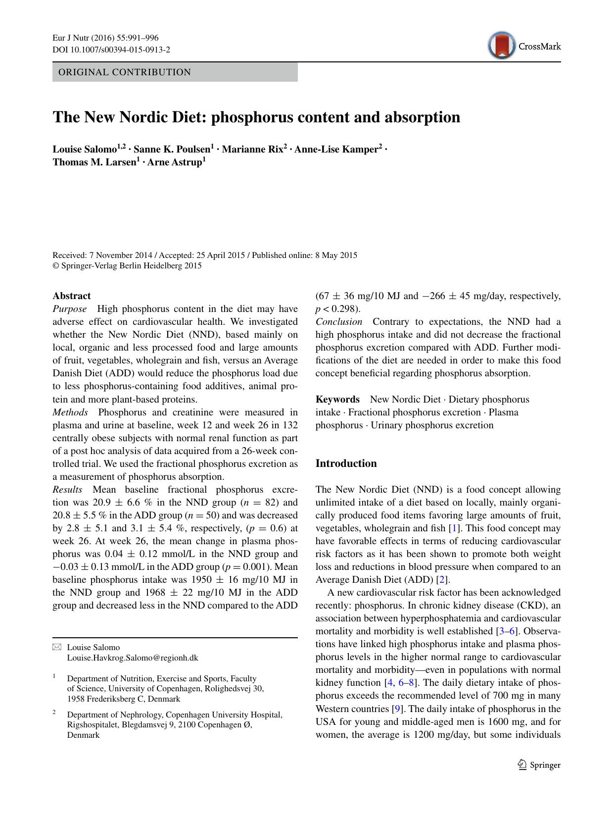 The New Nordic Diet: phosphorus content and absorption by Louise Salomo & Sanne K. Poulsen & Marianne Rix & Anne-Lise Kamper & Thomas M. Larsen & Arne Astrup