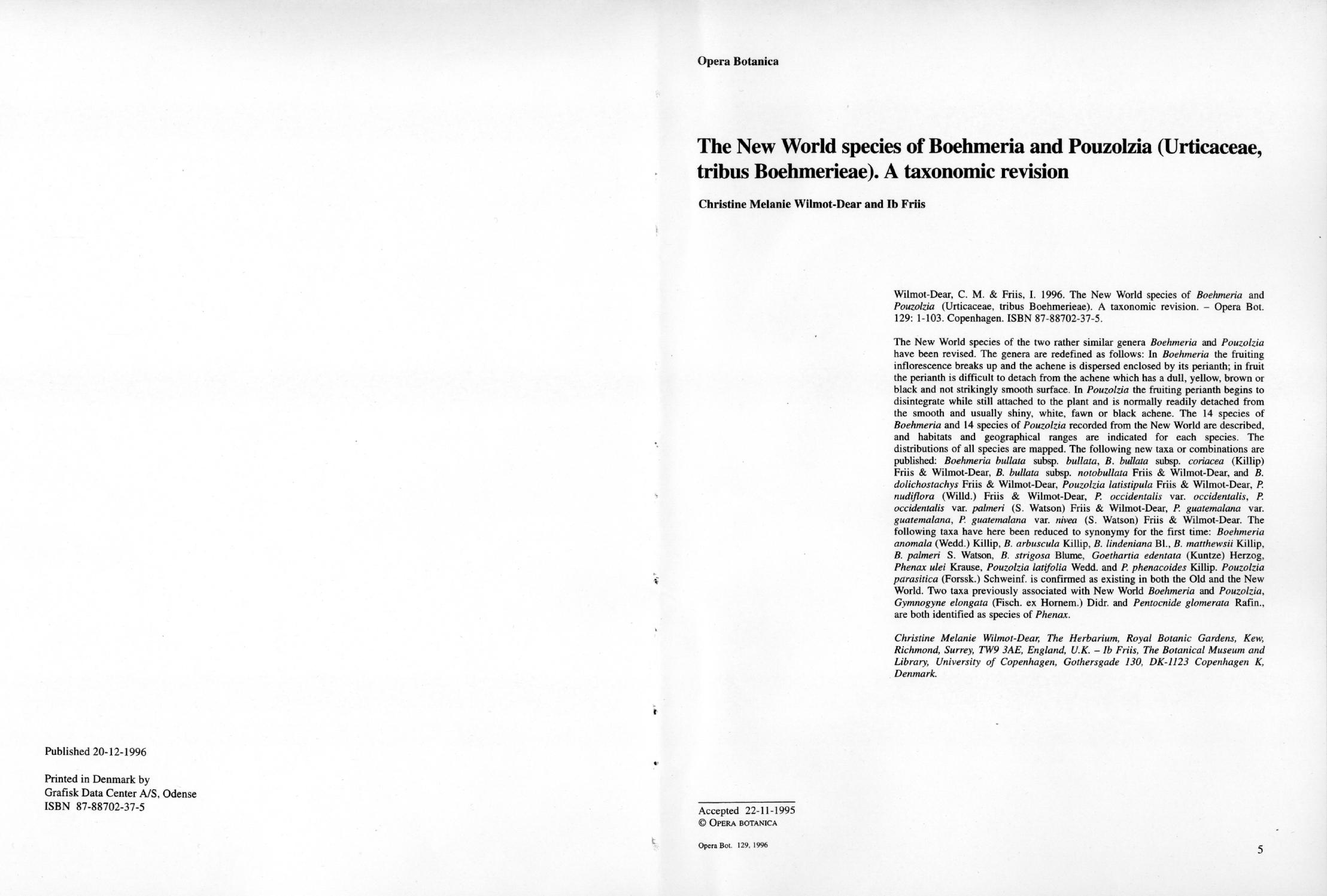 The New World species of Boehmeria and Pouzolzia - Opera Botanica 129 by C. M. Wilmot-Dear