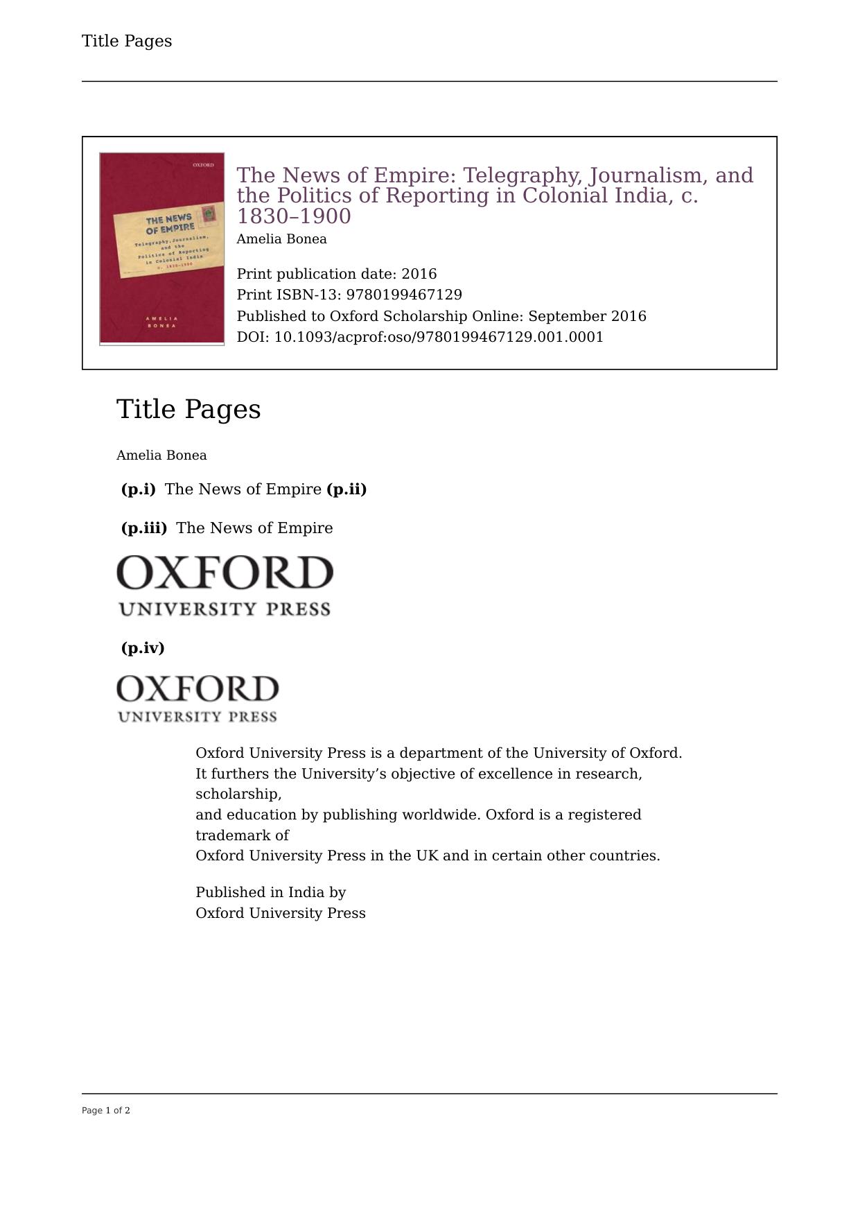 The News of Empire: Telegraphy, Journalism, and the Politics of Reporting in Colonial India, C. 1830-1900 by Amelia Bonea