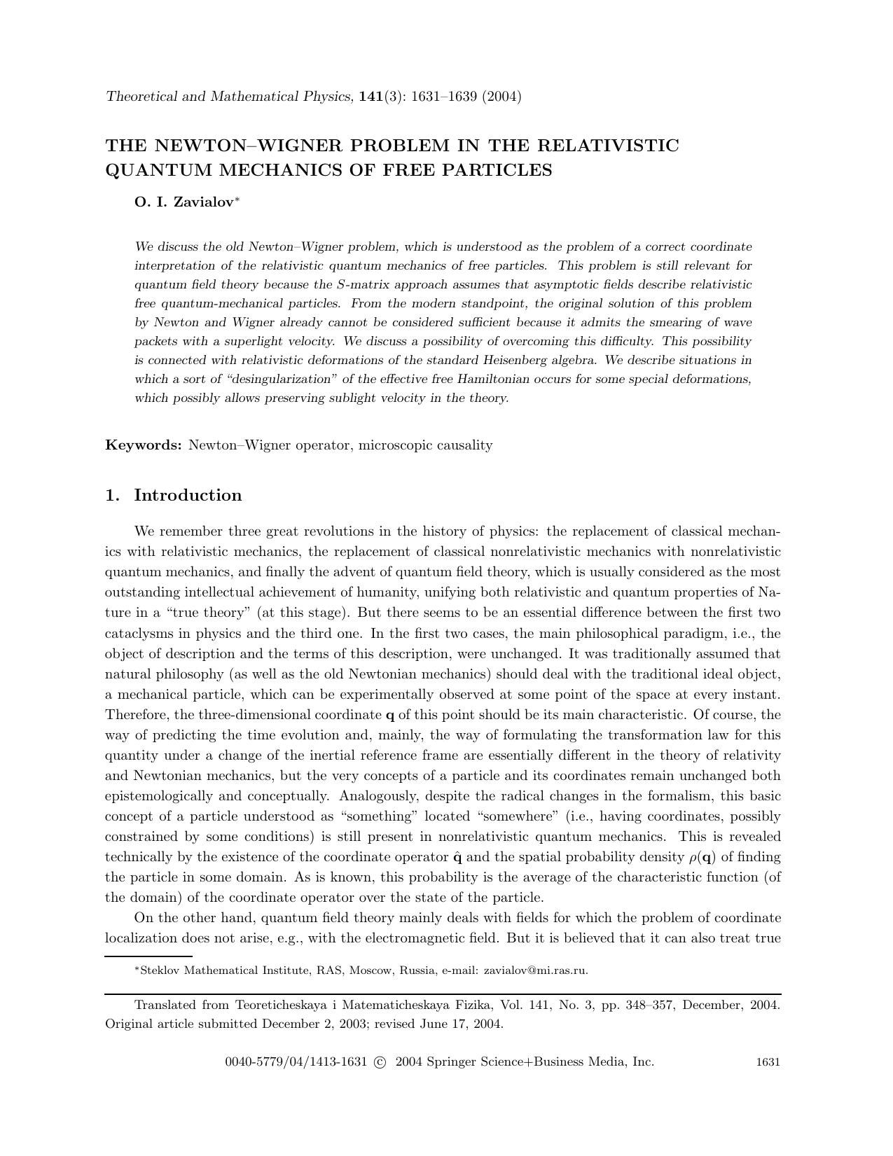 The Newton&#x2013;Wigner Problem in the Relativistic Quantum Mechanics of Free Particles by Unknown