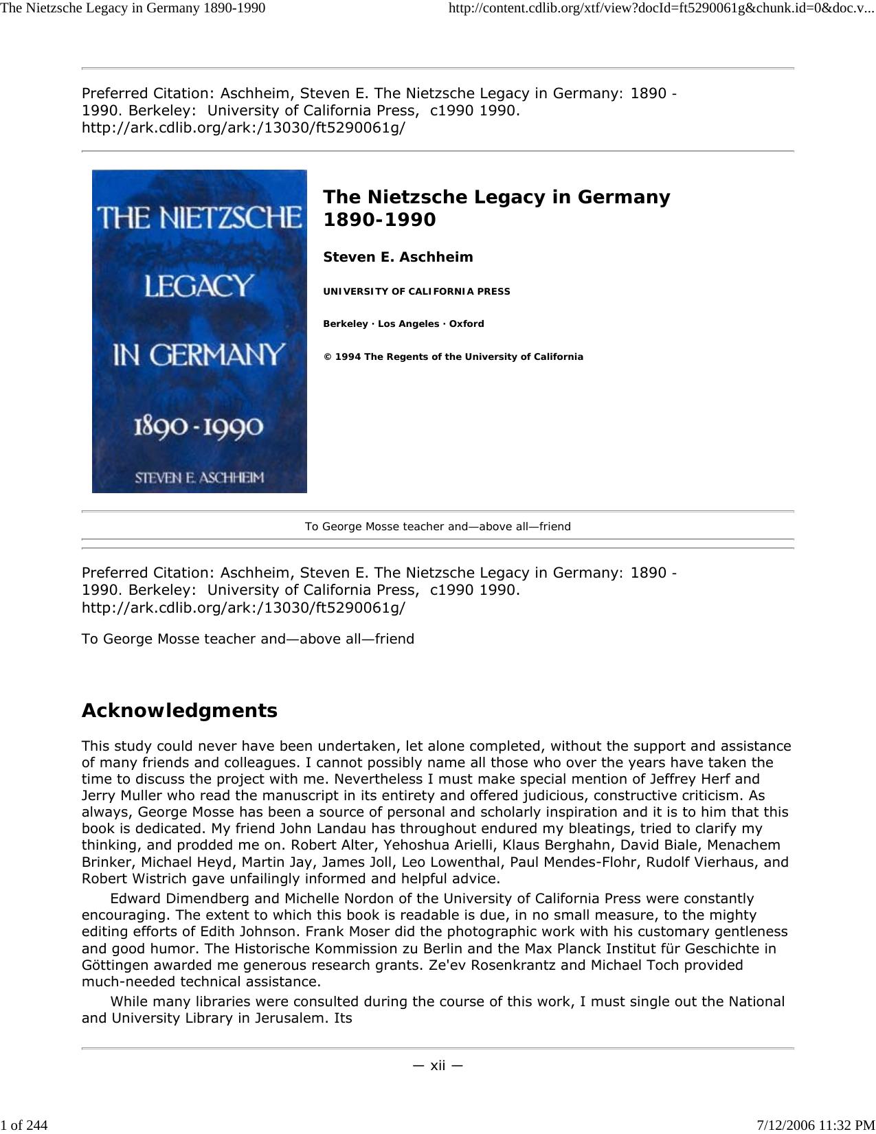 The Nietzsche Legacy in Germany 1890-1990 by Master Clark