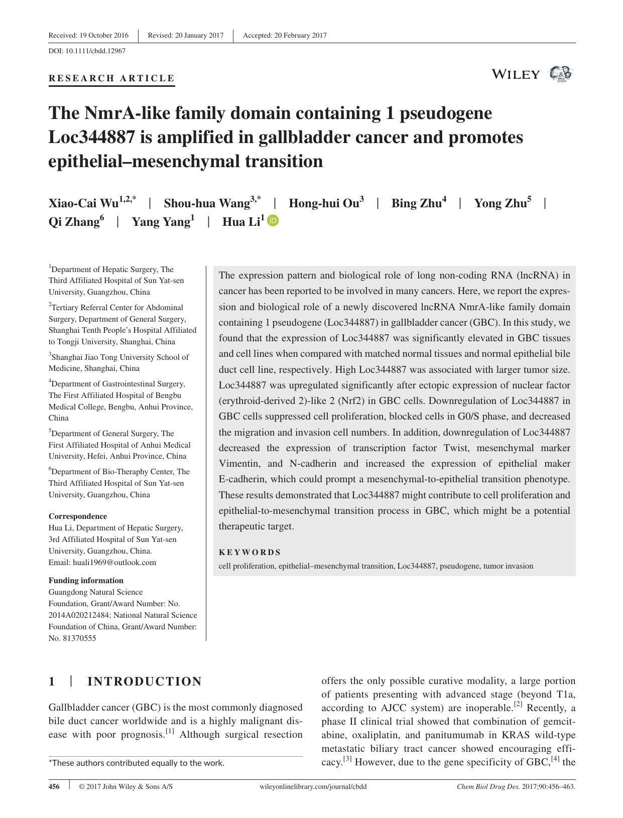 The NmrA‐like family domain containing 1 pseudogene Loc344887 is amplified in gallbladder cancer and promotes epithelial–mesenchymal transition by unknow