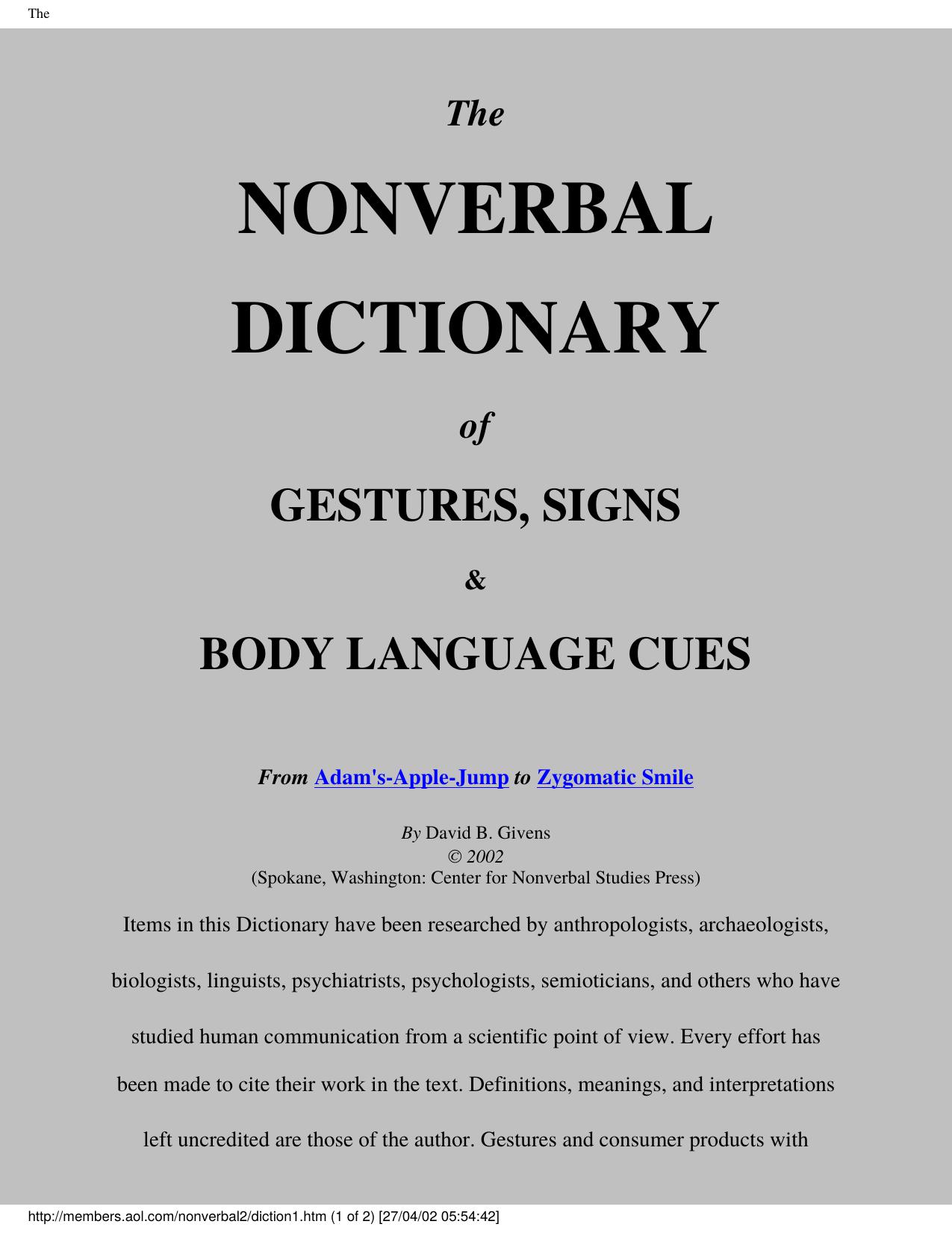 The Nonverbal Dictionary by David B Givens