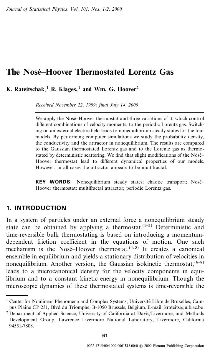 The Nosé–Hoover Thermostated Lorentz Gas by Unknown