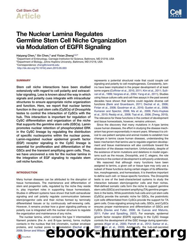 The Nuclear Lamina Regulates Germline Stem Cell Niche Organization via Modulation of EGFR Signaling by Haiyang Chen & Xin Chen & Yixian Zheng