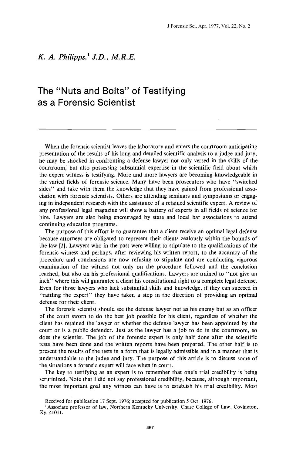 The Nuts and Bolts of Testifying as a Forensic Scientist by Philipps KA