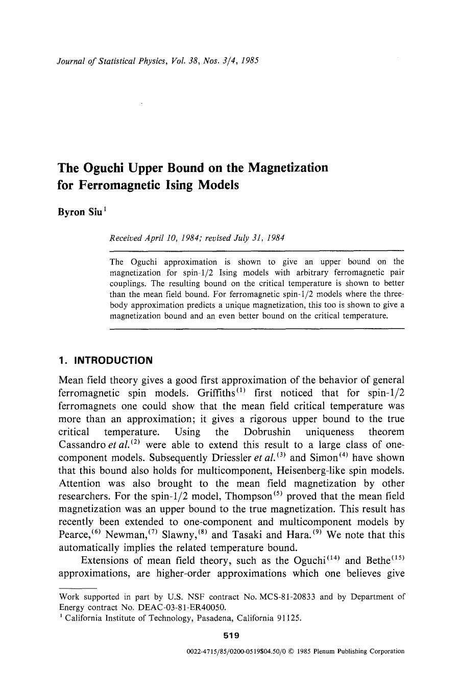 The Oguchi upper bound on the magnetization for ferromagnetic Ising models by Unknown