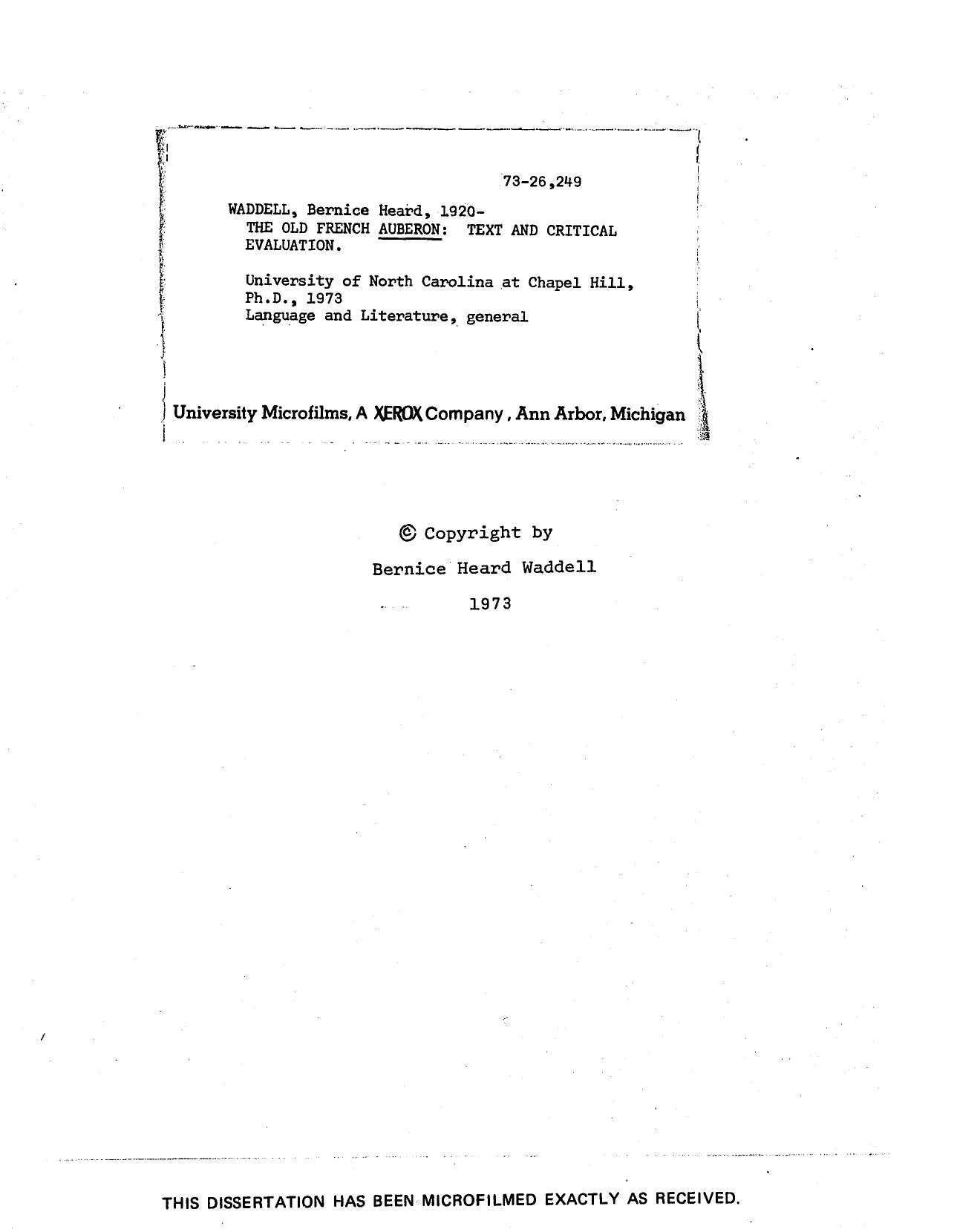 The Old French Auberon : Text and Critical Evaluation [PhD thesis] by Bernice Heard Waddell