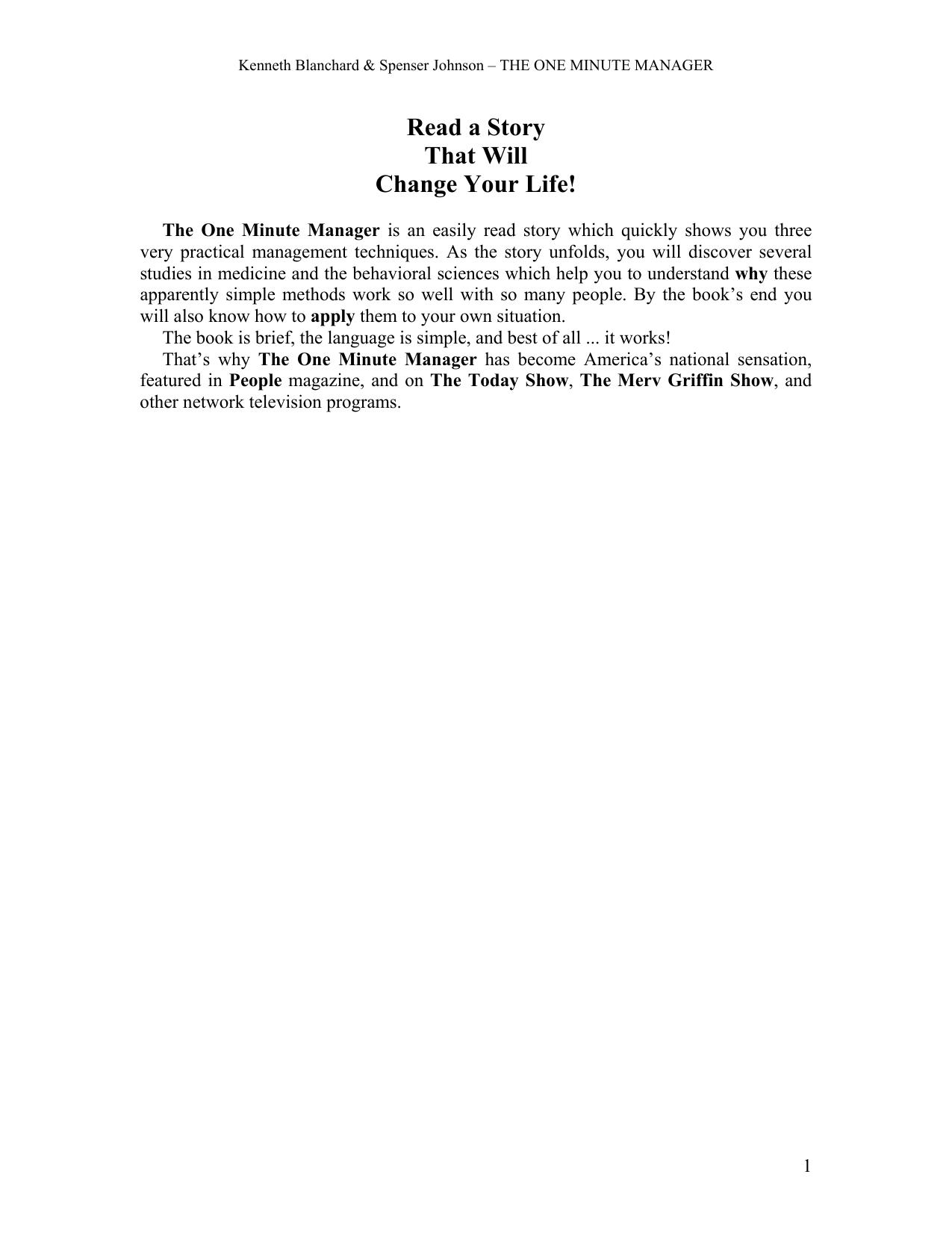 The One Minute Manager by Kenneth Blanchard & Spenser Johnson