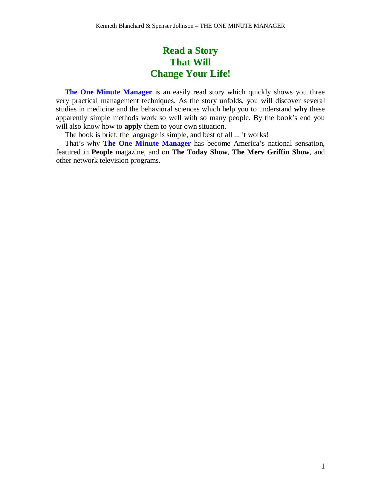 The One Minute Manager by Ph.D. Kenneth Blanchard M.D. Spencer Johnson
