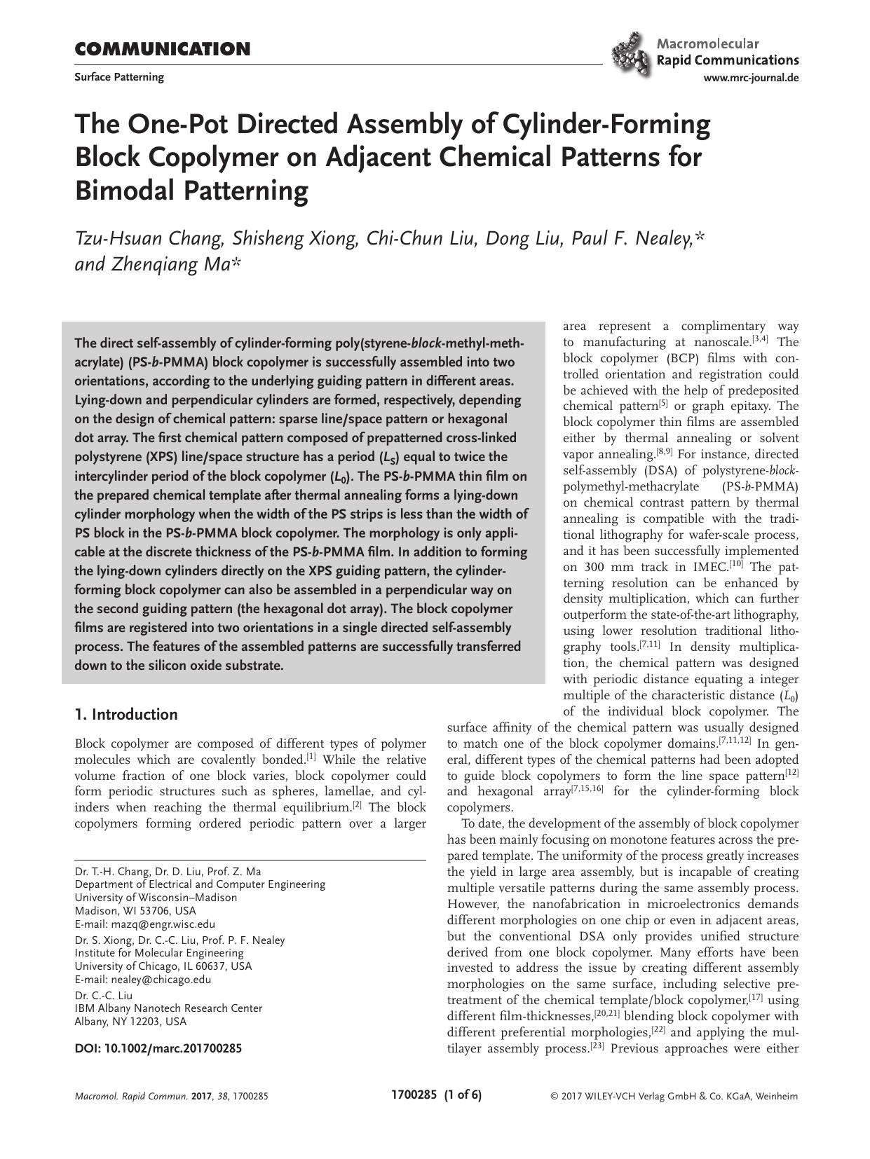 The One‐Pot Directed Assembly of Cylinder‐Forming Block Copolymer on Adjacent Chemical Patterns for Bimodal Patterning by Unknown