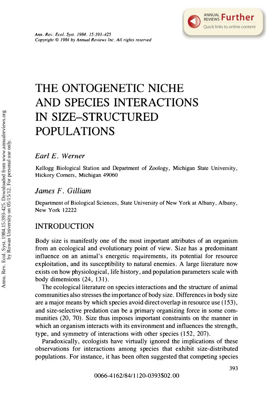 The Ontogenetic Niche and Species Interactions in Size-Structured Populations by E E Werner & and J F Gilliam