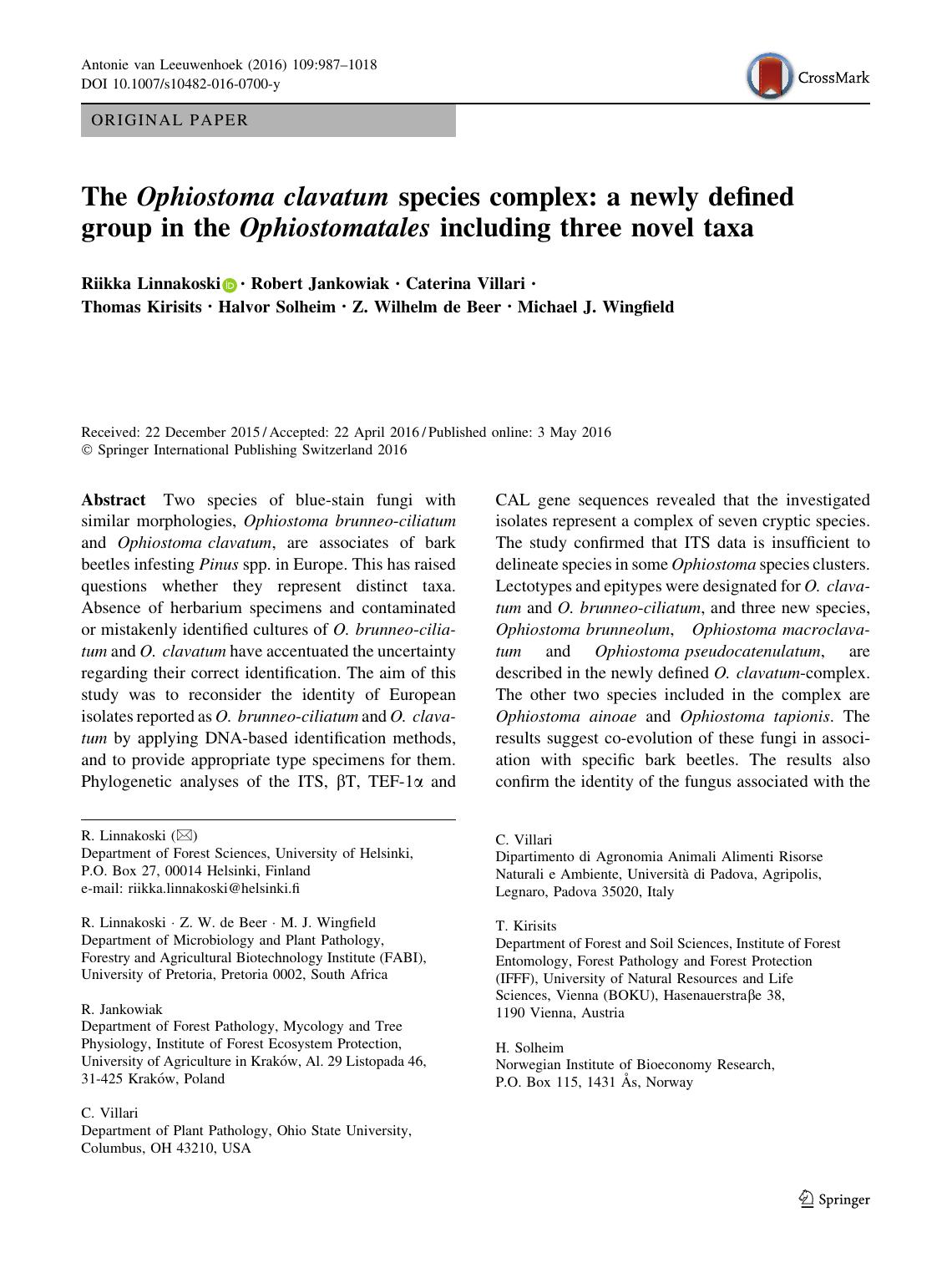 The Ophiostoma clavatum species complex: a newly defined group in the Ophiostomatales including three novel taxa by unknow