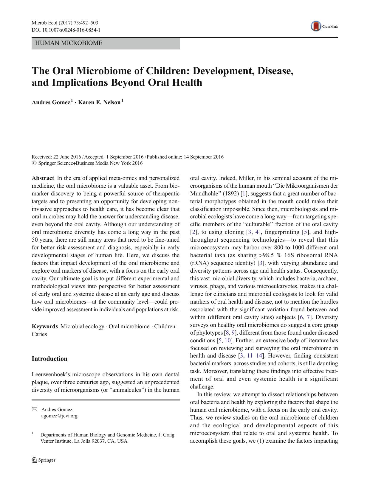 The Oral Microbiome of Children: Development, Disease, and Implications Beyond Oral Health by Andres Gomez & Karen E. Nelson