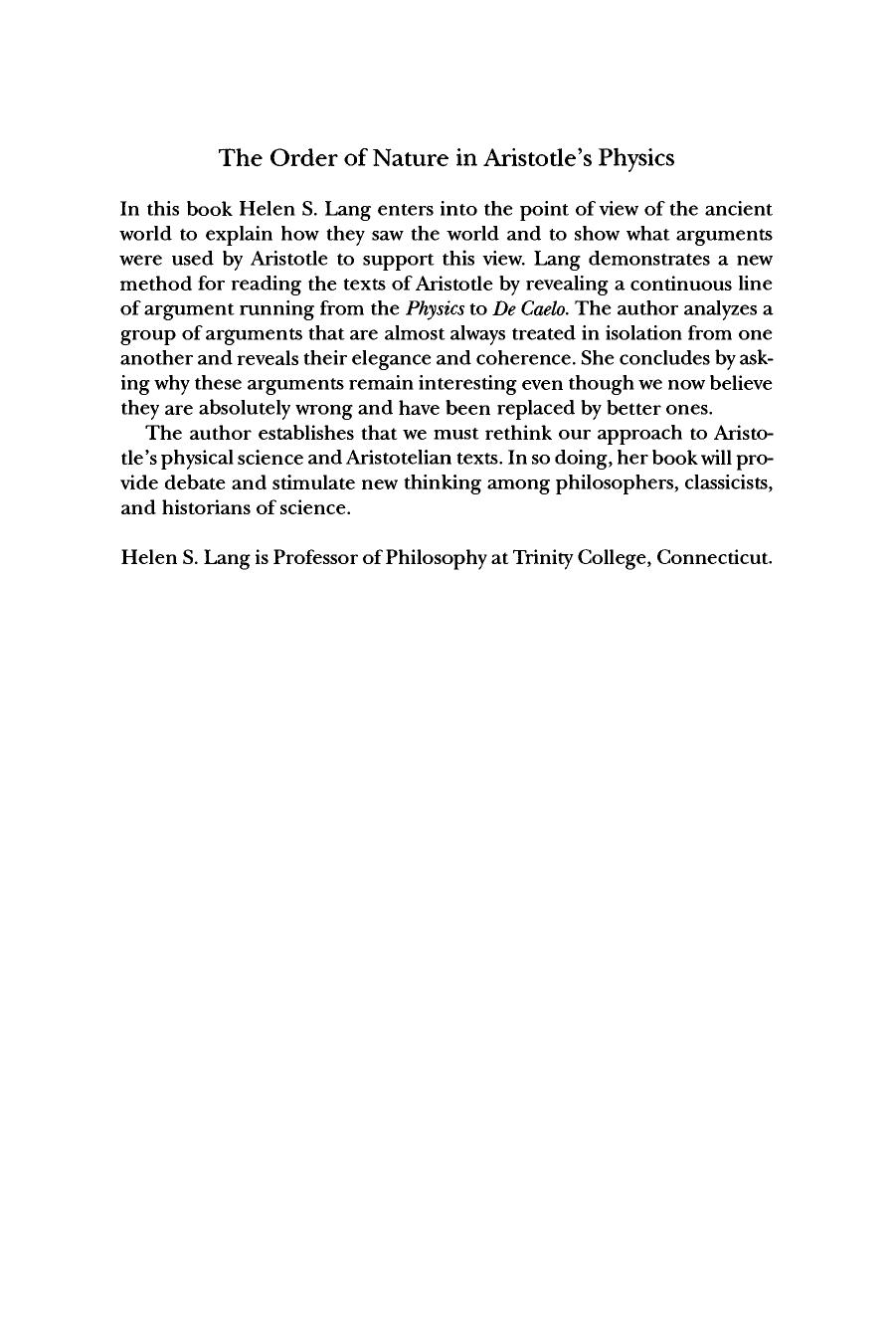 The Order of Nature in Aristotle's Physics: Place and the Elements by Helen S. Lang