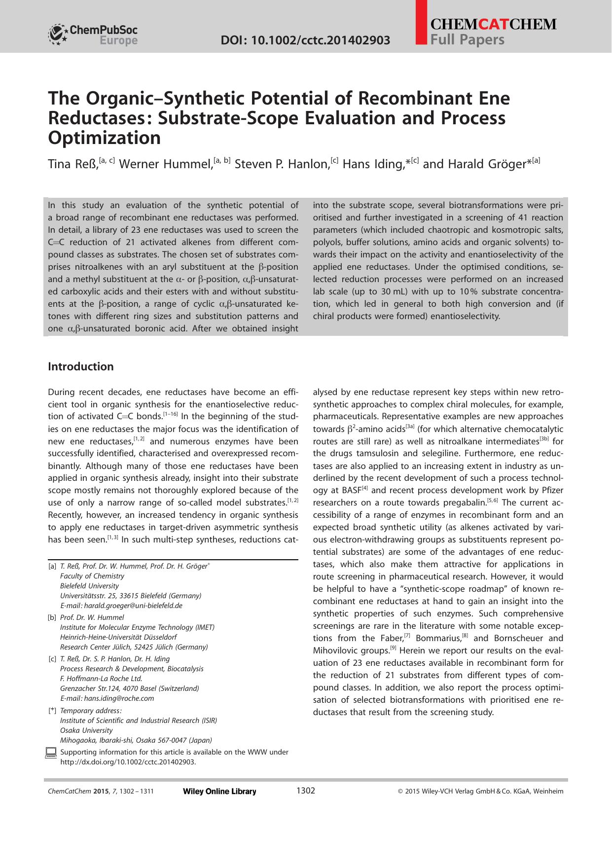 The OrganicSynthetic Potential of Recombinant Ene Reductases: SubstrateScope Evaluation and Process Optimization by Unknown