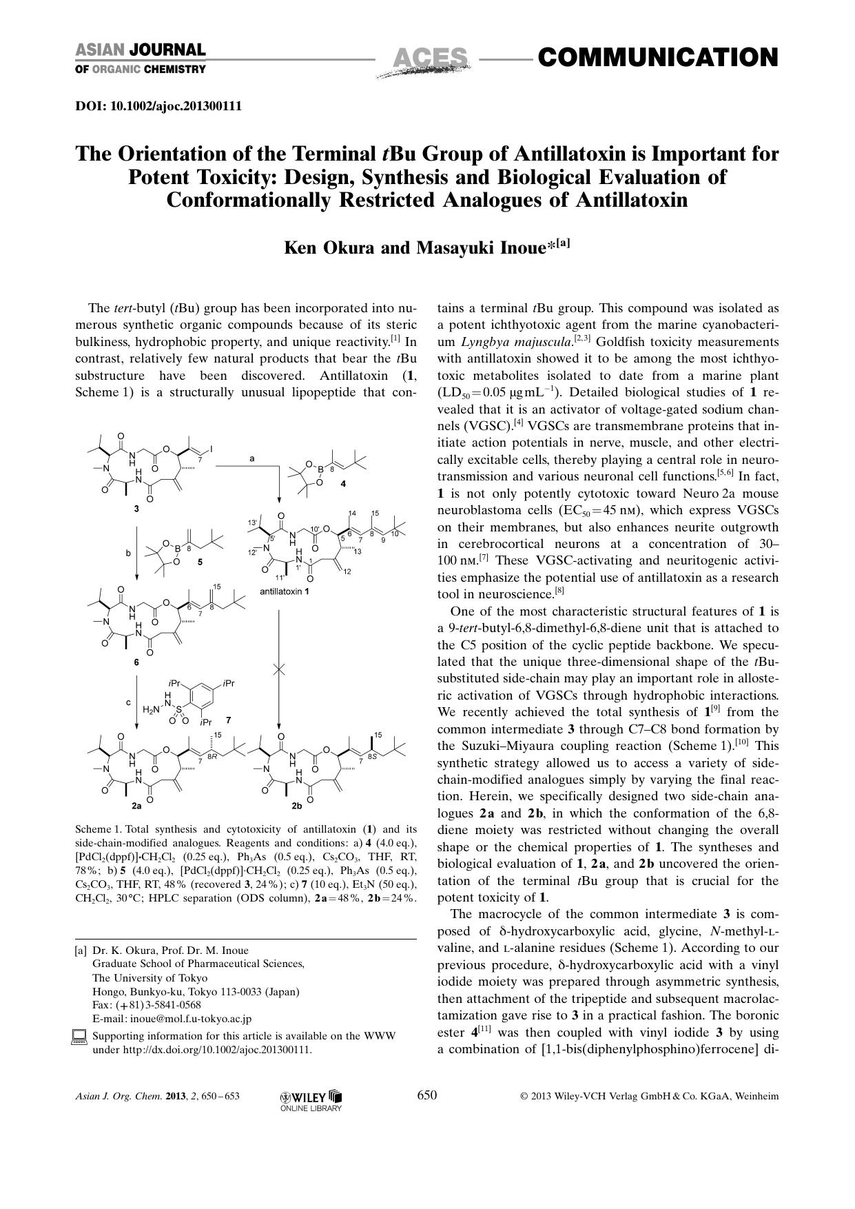 The Orientation of the Terminal tBu Group of Antillatoxin is Important for Potent Toxicity: Design, Synthesis and Biological Evaluation of Conformationally Restricted Analogues of Antillatoxin by Unknown