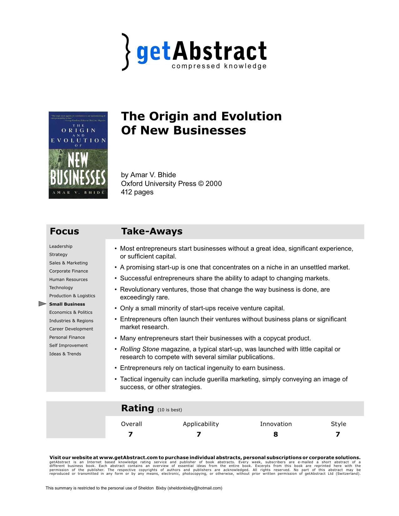 The Origin and Evolution of New Businesses by getAbstract