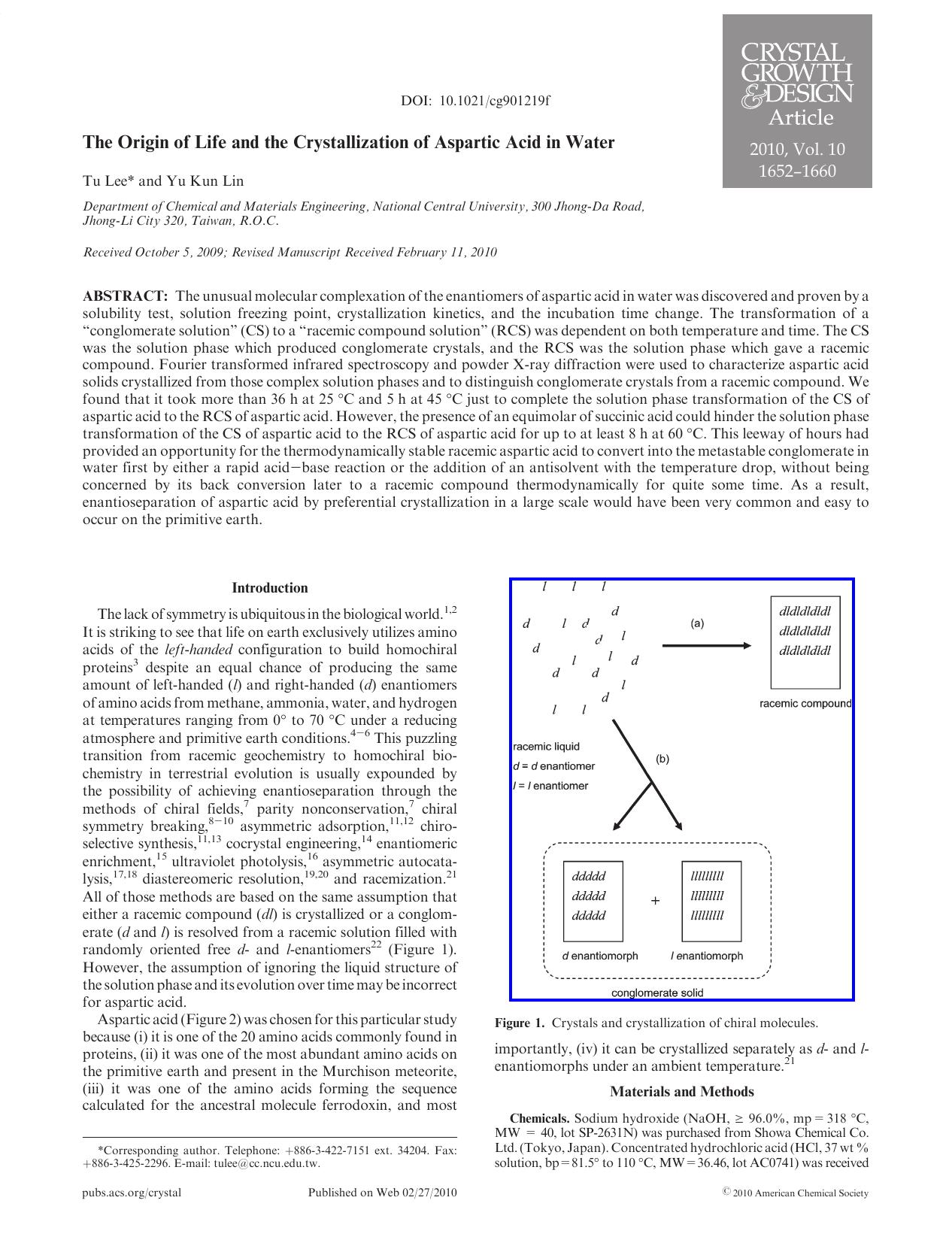 The Origin of Life and the Crystallization of Aspartic Acid in Water by Unknown