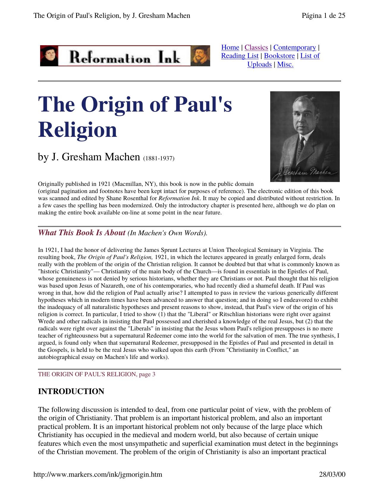 The Origin of Paul's Religion by J Gresham Machen