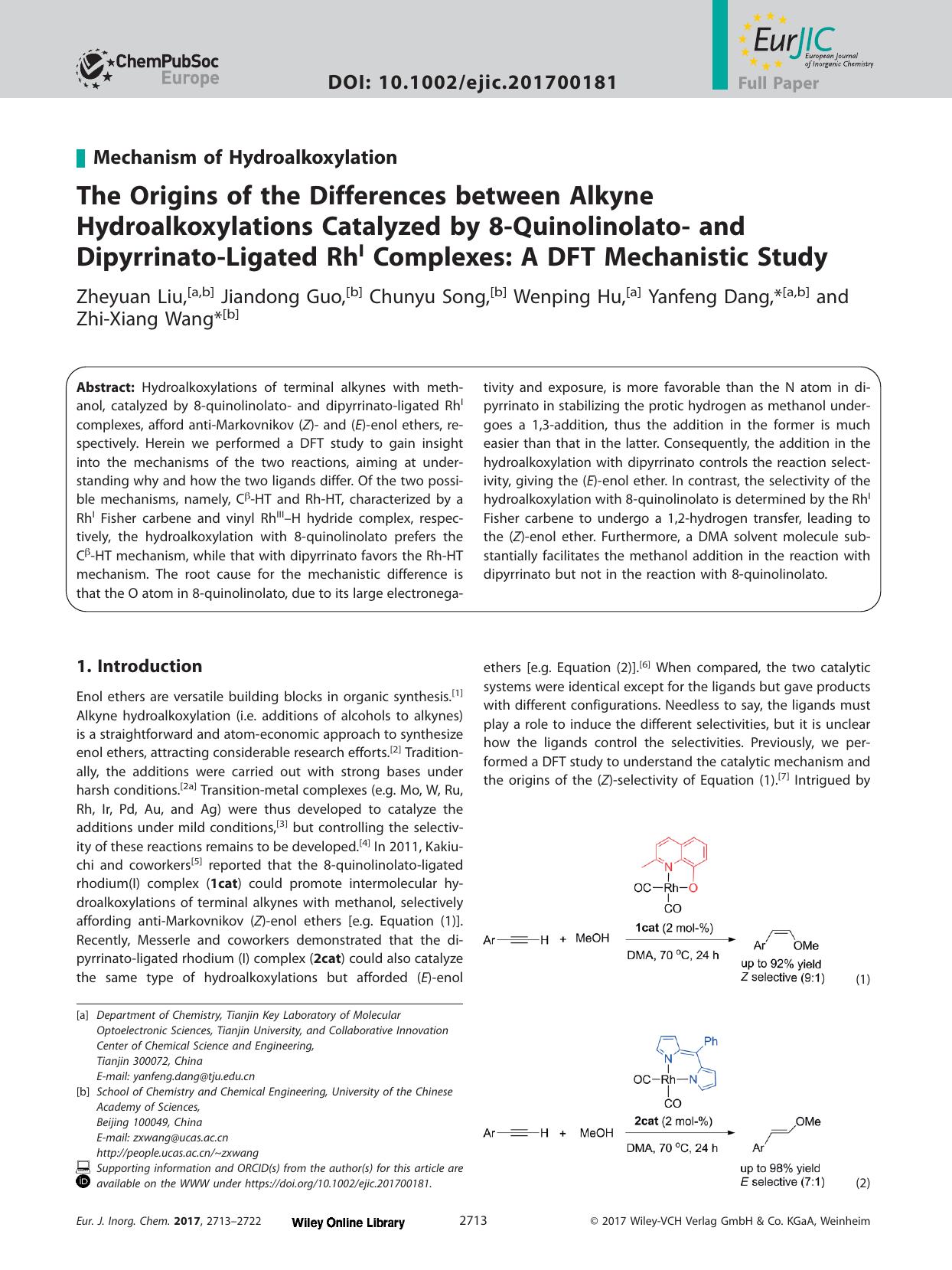 The Origins of the Differences between Alkyne Hydroalkoxylations Catalyzed by 8‐Quinolinolato‐ and Dipyrrinato‐Ligated Rh<sup>I<sup> Complexes: A DFT Mechanistic Study by Unknown