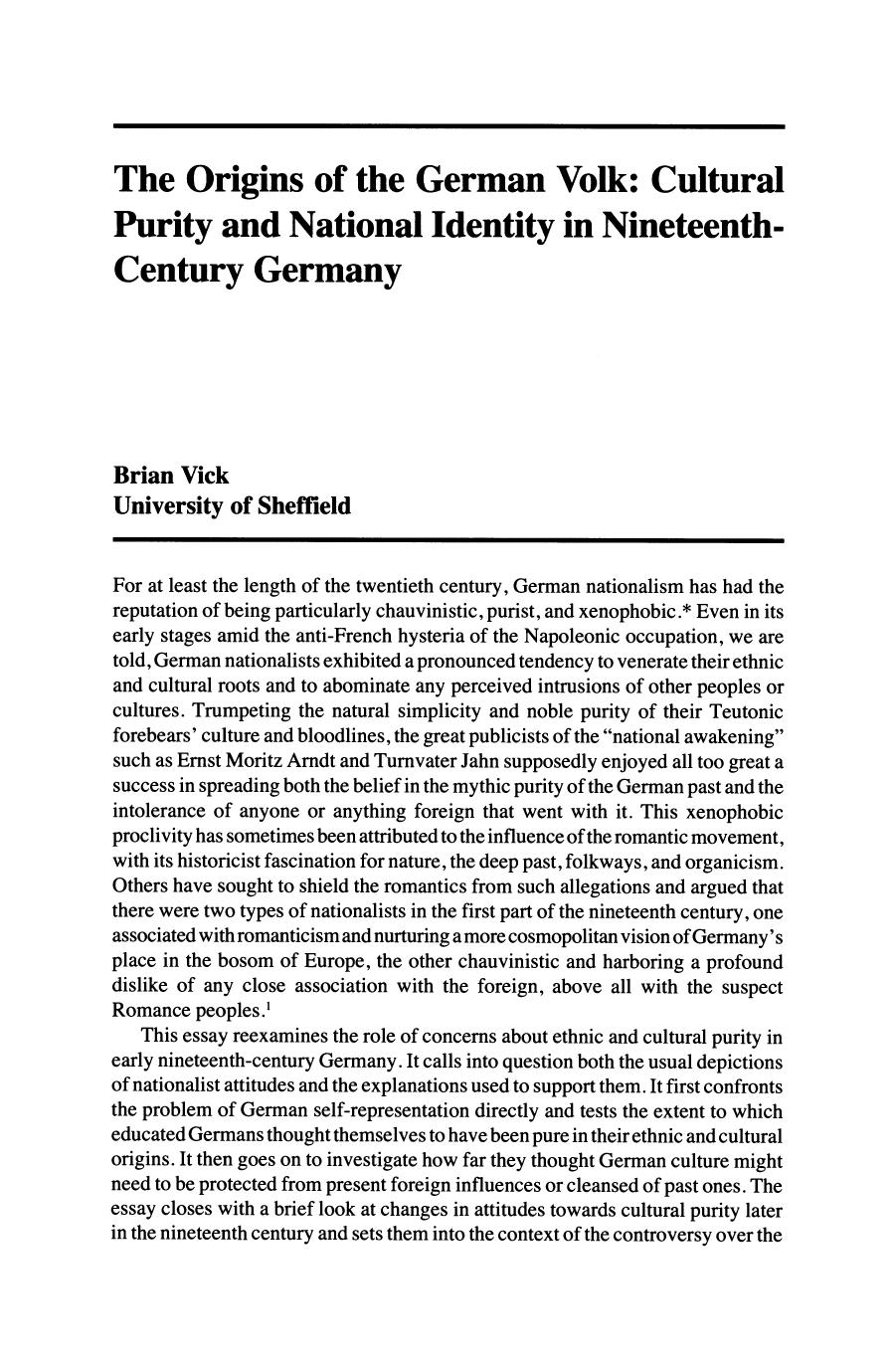 The Origins of the German Volk: Cultural Purity and National Identity in Nineteenth-Century Germany by Unknown