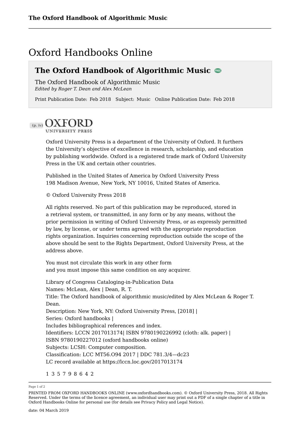 The Oxford Handbook of Algorithmic Music by R. T. Dean