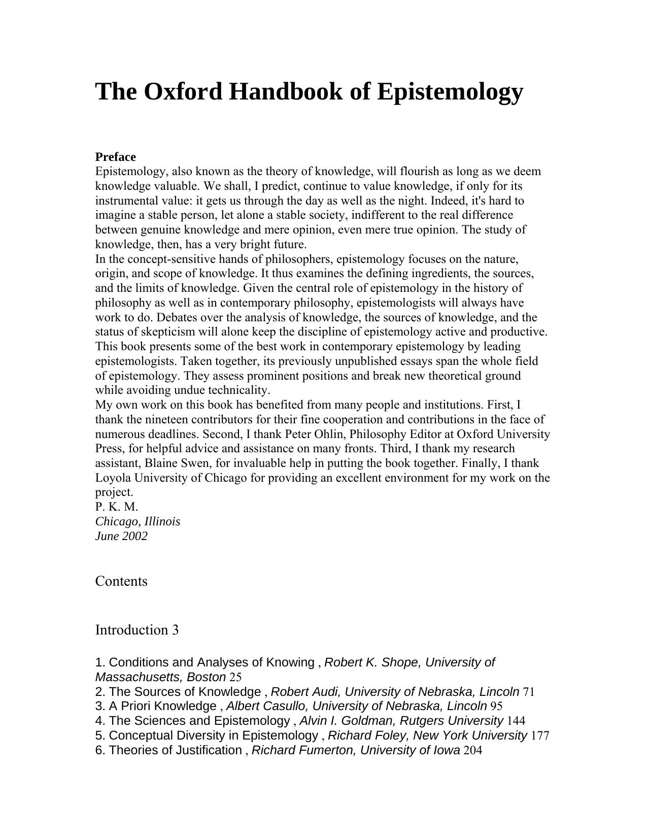 The Oxford Handbook of Epistemology by Paul K. Moser (Editor)