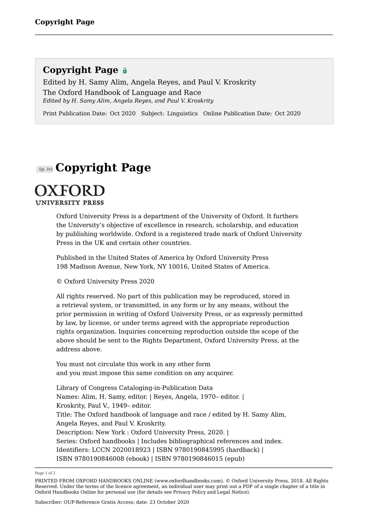 The Oxford Handbook of Language and Race by H. Samy Alim (editor) Angela Reyes (editor) Paul V. Kroskrity (editor)