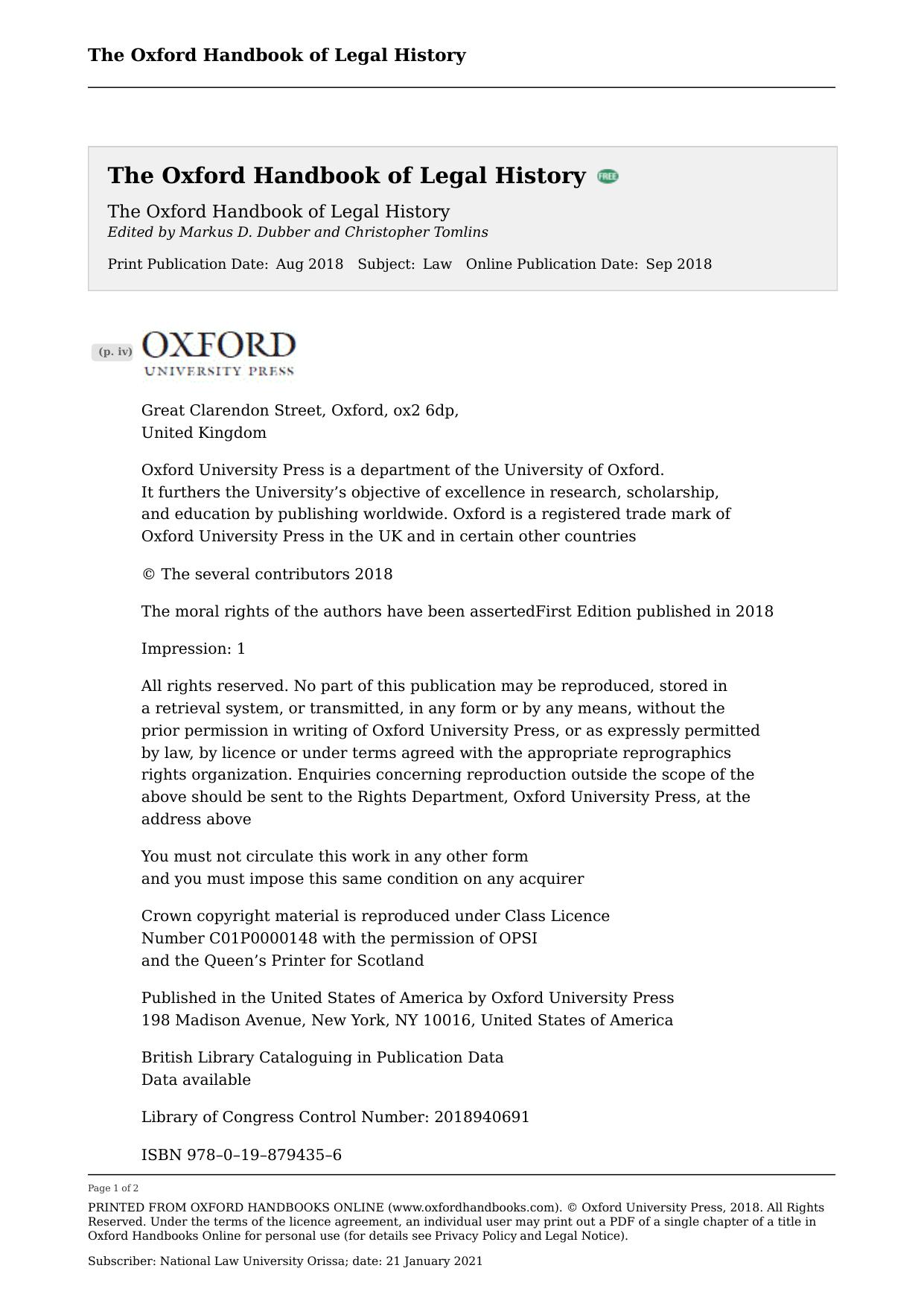 The Oxford Handbook of Legal History (Oxford Handbooks) by Markus D. Dubber (editor) Christopher Tomlins (editor)
