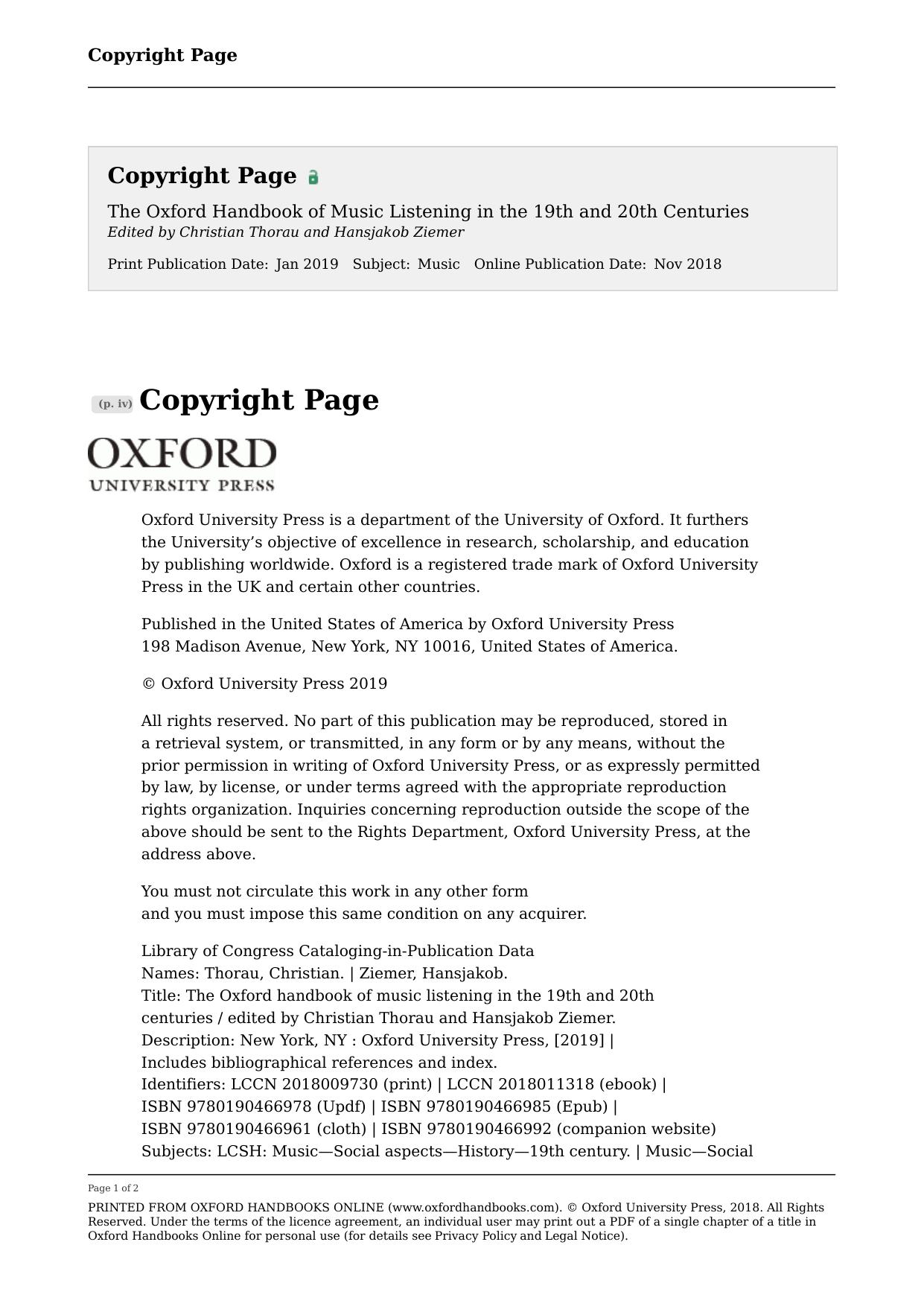 The Oxford Handbook of Music Listening in the 19th and 20th Centuries by Christian Thorau and Hansjakob Ziemer