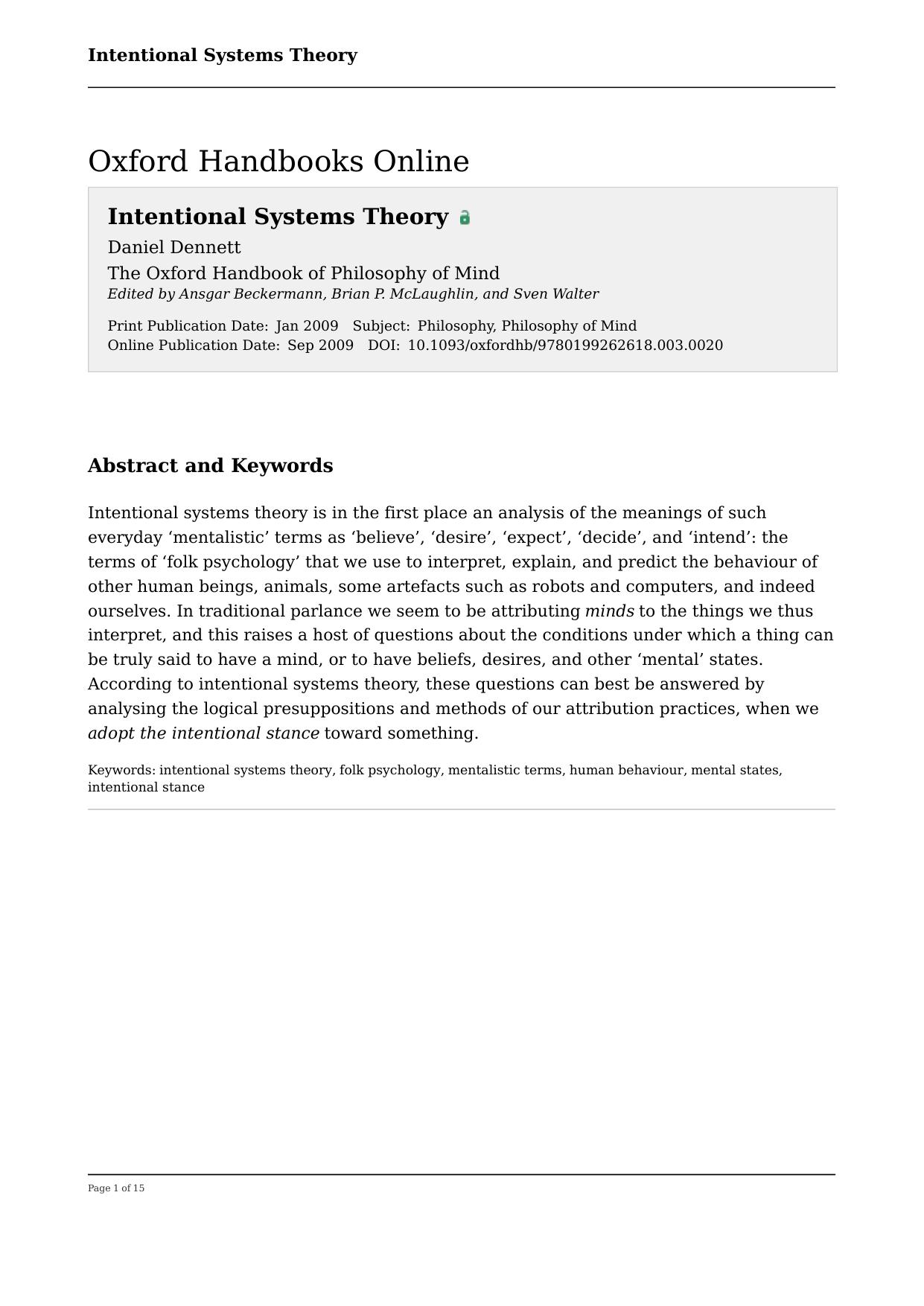 The Oxford Handbook of Philosophy of Mind by Intentional Systems Theory (2009)