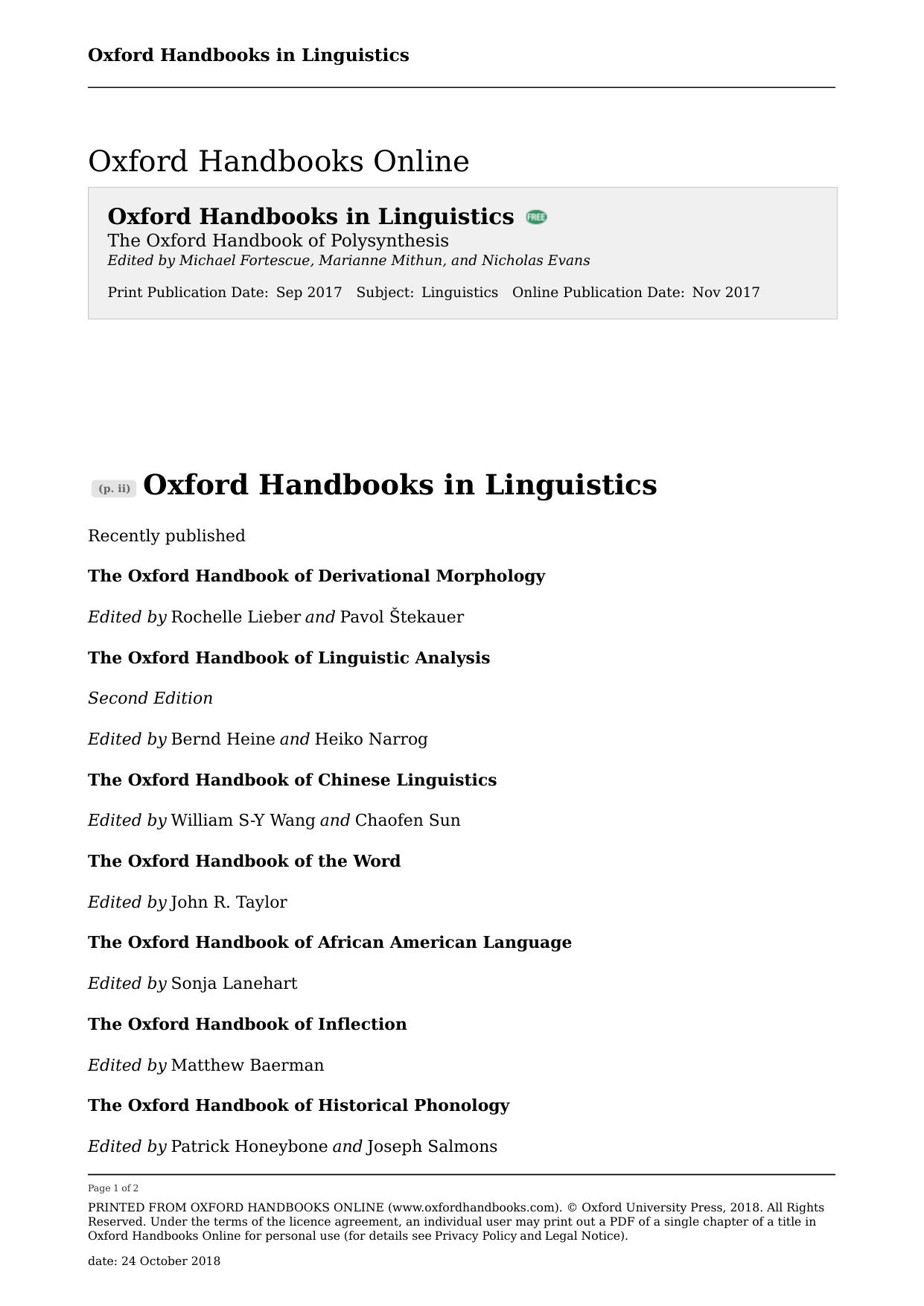 The Oxford Handbook of Polysynthesis by Michael Fortescue Marianne Mithun Nicholas Evans