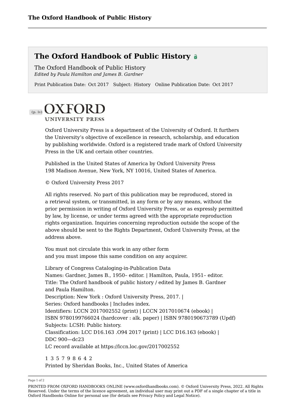 The Oxford Handbook of Public History by James B. Gardner (editor) Paula Hamilton (editor)