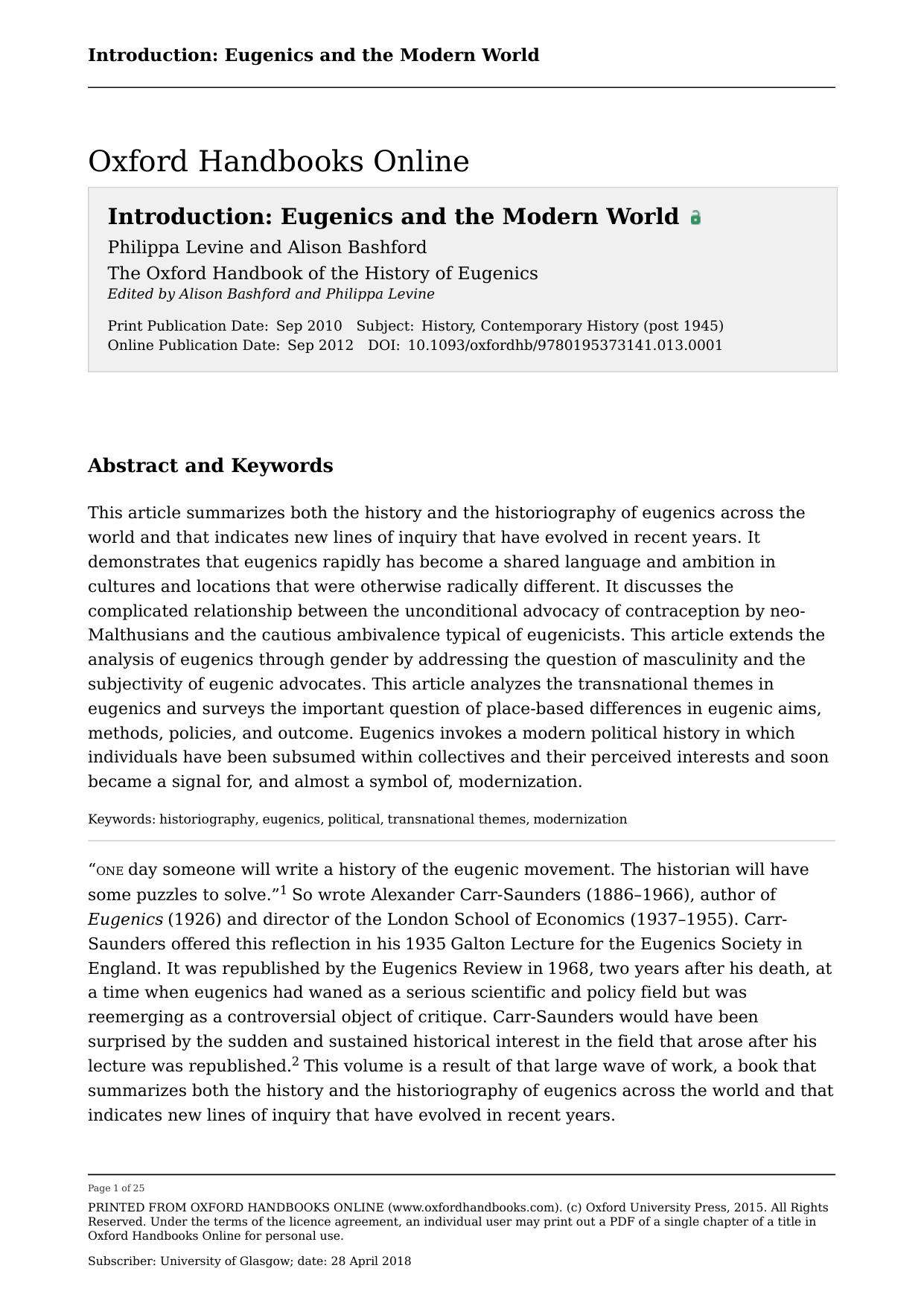 The Oxford Handbook of the History of Eugenics by Alison Bashford (ed.) Philippa Levine (ed.)