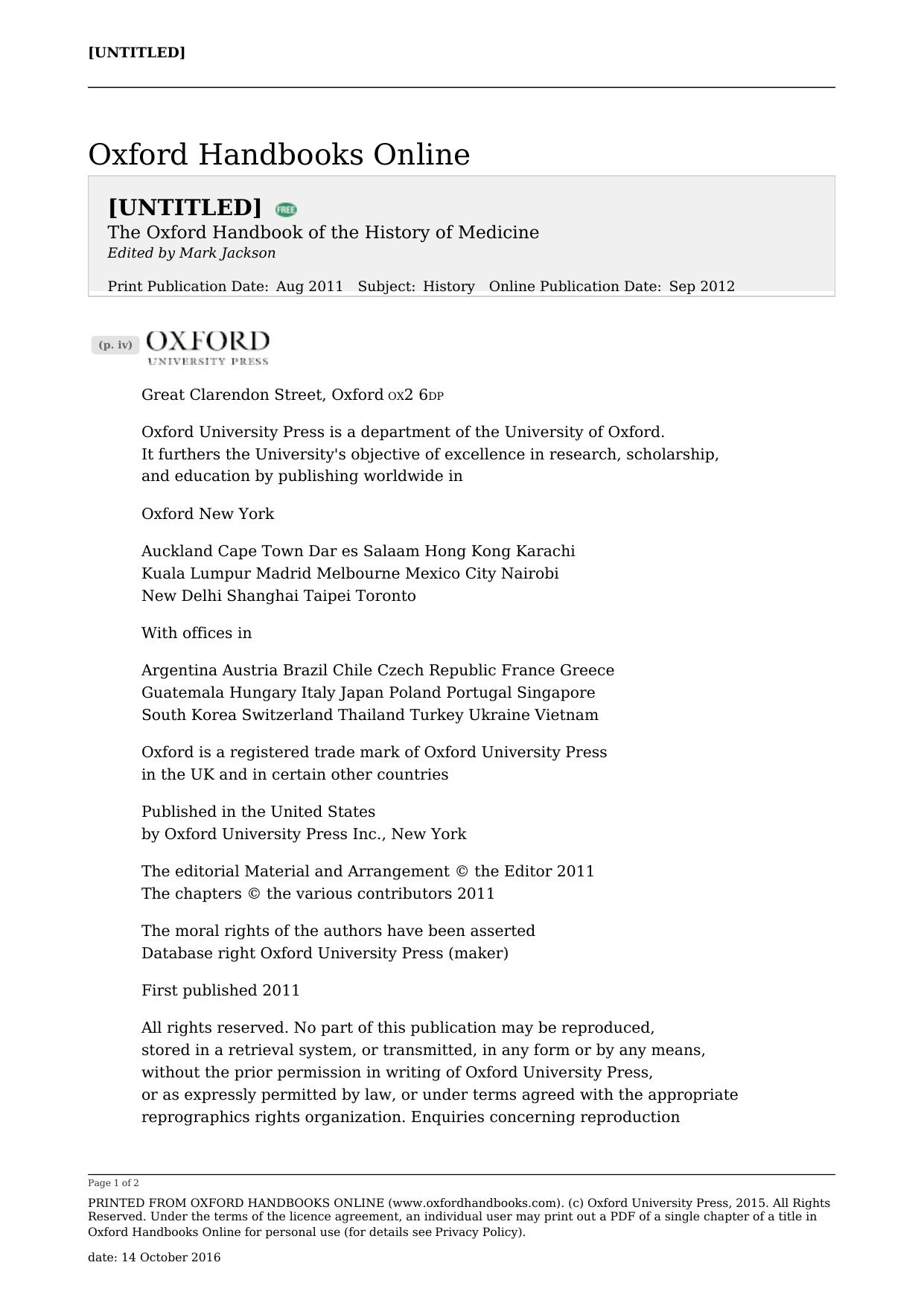 The Oxford Handbook of the History of Medicine by Mark Jackson (ed.)