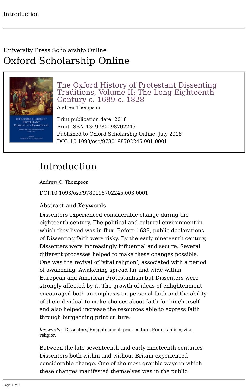 The Oxford History of Protestant Dissenting Traditions, Volume II: The Long Eighteenth Century c. 1689-c. 1828 by Unknow