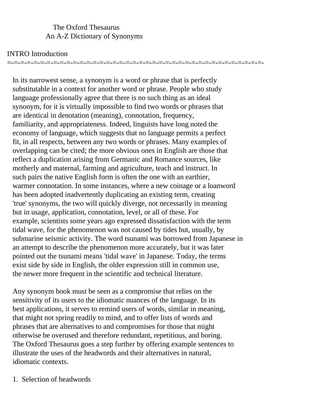 The Oxford thesaurus: an A-Z dictionary of synonyms (web draft) by Laurence Urdang