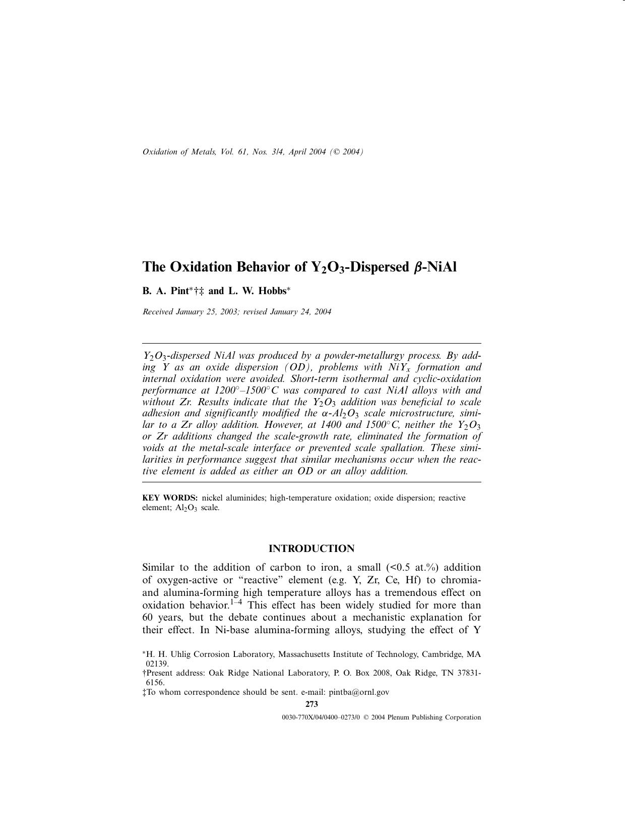 The Oxidation Behavior of Y<Subscript>2<Subscript>O<Subscript>3<Subscript>-Dispersed &#x03B2;-NiAl by Unknown