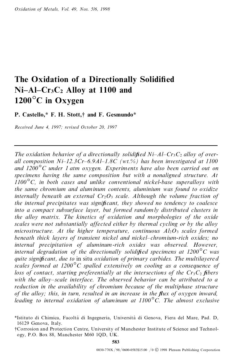The Oxidation of a Directionally Solidified Ni-Al-Cr3C2 Alloy at 1100 and 1200°C in Oxygen by Unknown
