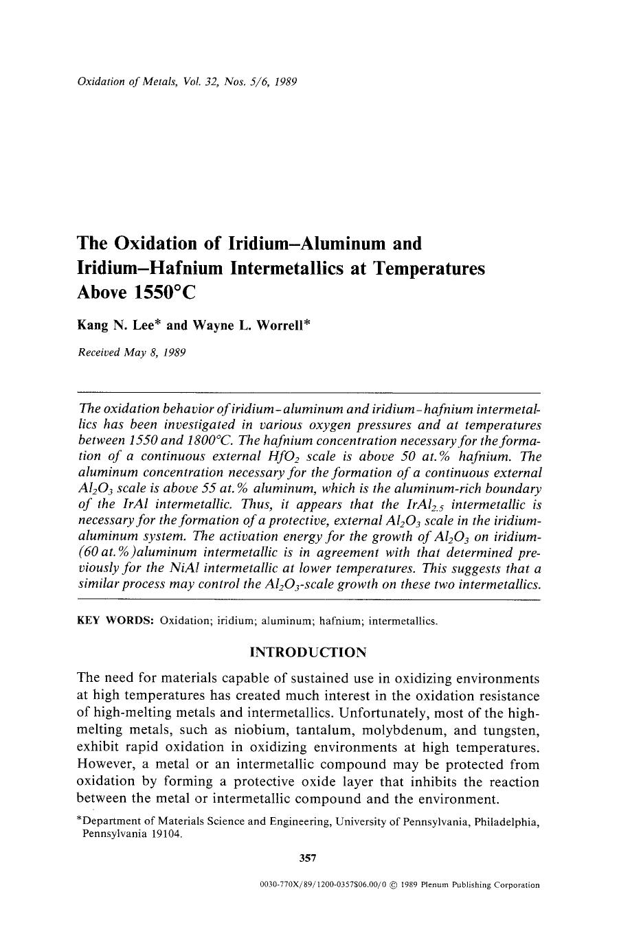 The Oxidation of iridium-aluminum and iridium-hafnium intermetallics at temperatures above 1550&#x00B0;C by Unknown